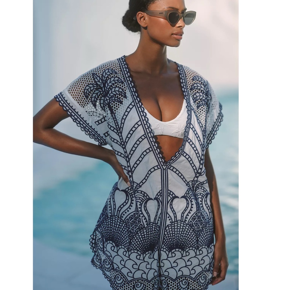 FARM Rio Blue Richelieu Plunging Neck Romper Size Large Embroidered Lace